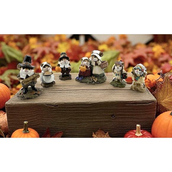 Wee Forest Folk 6 Piece Thanksgiving Figurine Set 1984-1994 Anette Petersen Sign - Picture 1 of 16